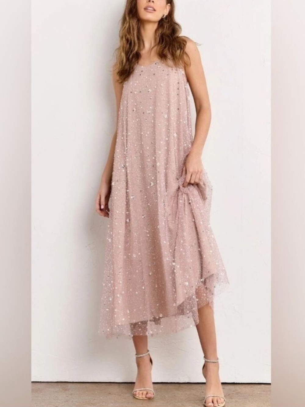 Just Me Sequin Embellished A-Line Relaxed Fit Sleeveless Mesh Overlay Midi Dress